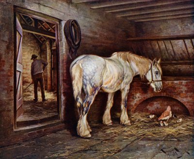 Am Ende des Tages: Pferd im Stall, während ein Mann ausmistet von Wright Barker