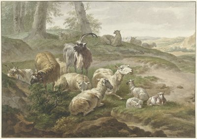 Ziegen und Schafe in einer hügeligen Landschaft von Wybrand Hendriks