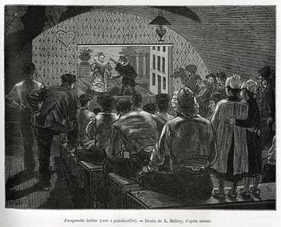 Keller für Polichinelles, ein Keller für Puppenspiele. Gravur von X. Mellery, zur Illustration der Geschichte von Belgien von Camille Lemonnier, veröffentlicht in Le tour du monde, herausgegeben von Edouard Charton (1807-1890) von Xavier Mellery