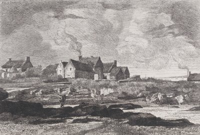 Landschaft auf dem Land mit einem Fluss rechts und Häusern im Hintergrund von Xavier de Dananche