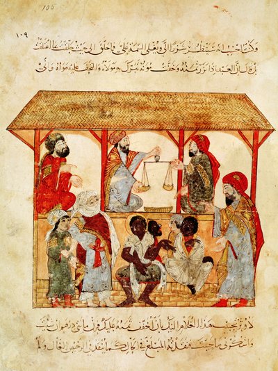 Ms. Ar 5847 f.105, Ein Sklavenmarkt, aus "Al Maqamat" von Yahya ibn Mahmud Al Wasiti