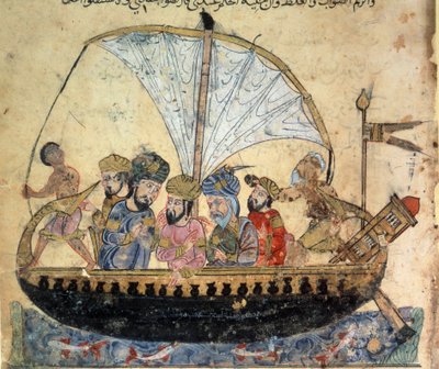 der Bürger al-Harith (Al Harith), Sohn von Hammam, und der wandernde Navigator Abu-Zayd (Abu Zayd) auf einem Boot, das auf dem Euphrat segelt Miniatur aus den „Maqamat“ (Seancen) von Abu Mohammed al-Kasim ibn Ali Hariri (oder Al-Hariri oder Al Hariri) (105 von Yahya ibn Mahmud Al Wasiti