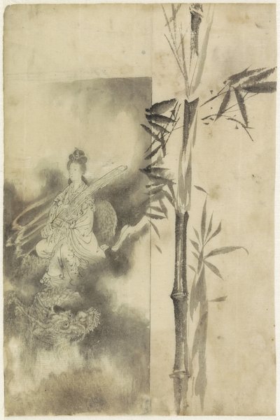 Thronende Göttin auf einem Drachen und Bambusstängel von Yamamoto Shinryo Baiitsu
