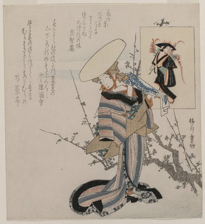 Frau bei einem Pflaumenbaum, verglichen mit der Glyzinien-Maid (aus einer Serie von Frauen, die mit Figuren aus Otsu-Gemälden verglichen werden) von Yanagawa Shigenobu