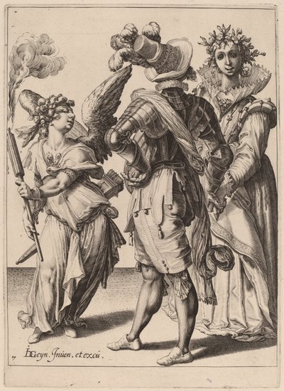 Ein blind gefesselter Amor hält eine Fackel vor ein Paar von Zacharias Dolendo after Jacques de Gheyn II