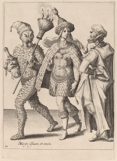 Ein alter Mummer spricht ein Paar in Federn an von Zacharias Dolendo after Jacques de Gheyn II