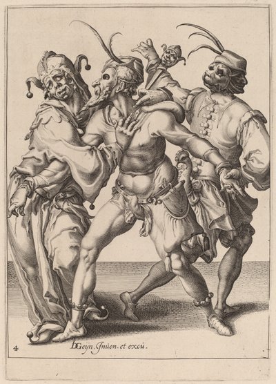 Drei tanzende Mummern, darunter ein Narr von Zacharias Dolendo after Jacques de Gheyn II