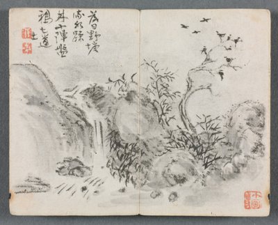 Miniaturalbum mit Figuren und Landschaft (Wasserfalllandschaft) von Zeng Yandong