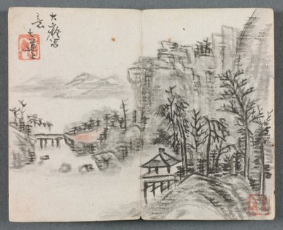 Miniaturalbum mit Figuren und Landschaft, Klippenlandschaft mit Brücke, 1822 von Zeng Yangdong