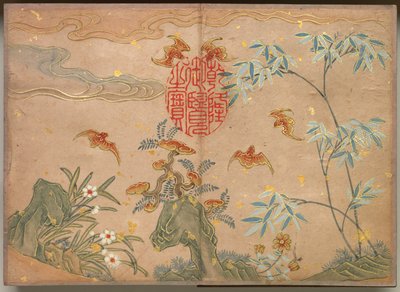 Schreibtischalbum: Blumen- und Vogelmalereien Fledermäuse, Felsen, Blumen ovale Kalligraphie, 18. Jahrhundert von Zhang Ruoai