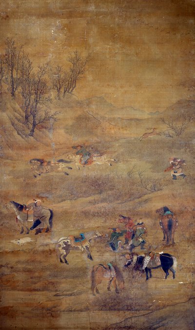 Mongolischer Reiter, der ein Pferd jagt. Seidengemälde von Fou Tchao Mong von Zhao Mengfu Chao Meng Fu or