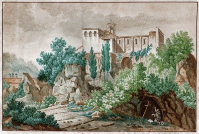 Ein Kloster in Italien. Pilger verehrt das Kreuz Jesu Christi in einer Höhle. ca. 1850 von . .