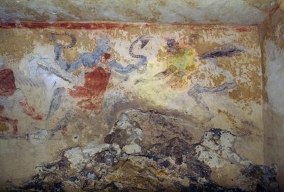 Blauer Dämon mit Schlangen, Fresko, Grab der Blauen Dämonen, Nekropole von Tarquinia (UNESCO-Welterbeliste, 2004), Latium, Italien, etruskische Zivilisation, 5. Jahrhundert v. Chr. von Georg Carl Heinrich Dollmann