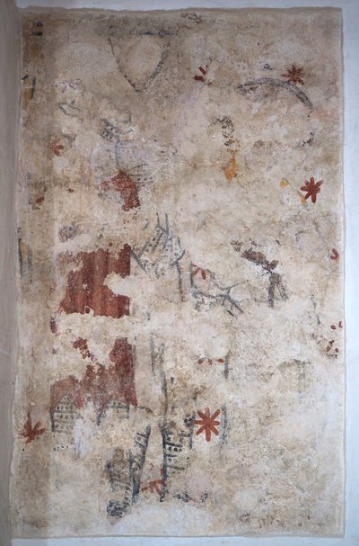 Burgund, Lancharre, Gemeinde Chapaize 71460. In der Kirche Notre Dame, Wandmalerei. Zwei Ritter in Kettenhemd (Fresko) von . .