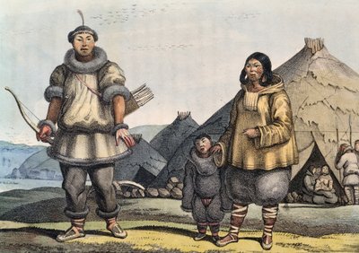 Tschuktschenfamilie vor einer Hütte, Beringstraße, Russland, von Louis Choris (1795-1828) von Georg Carl Heinrich Dollmann