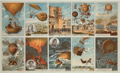 Sammelkarten mit Bildern von Ereignissen in der Geschichte der Ballonfahrt von 1795 bis 1846, ca. 1900 von . .