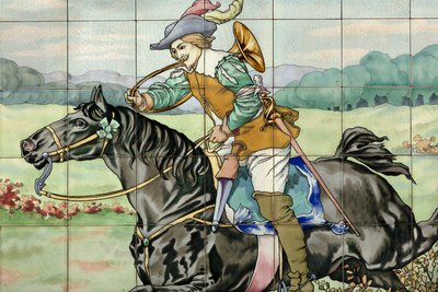 Innenansicht, Fliesenpanel, Maler Furcy Ernest Tondeur, Ausführung Boch Frères La Louvière, zweites Panel zeigt Jagdszene mit galoppierendem Reiter mit Jagdhorn von . .
