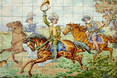 Innenansicht, Fliesenpaneel, Maler Furcy Ernest Tondeur, Ausführung Boch Frères La Louvière, erstes Paneel, Jagdszene mit drei Reitern, (Detail) von . .