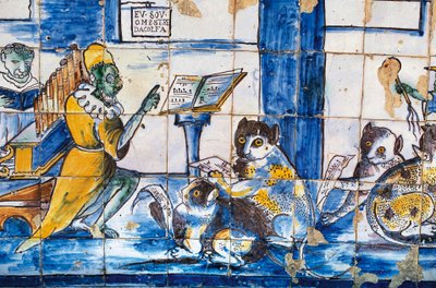 Musikstunde mit anthropomorphen Katzen und Mäusen, Azulejos-Fliesen, Gärten des Palastes des Marquis de Fronteira von William Walcutt