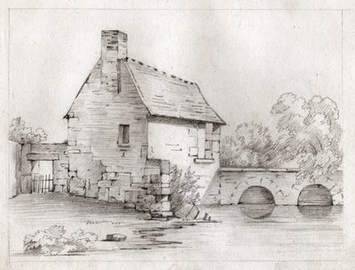 Bauernhaus am Flussufer. circa 1830 (Illustration) von . .