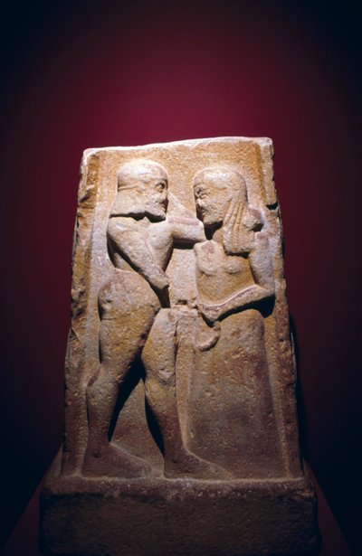 Stele mit Menelaos und Helena, gefunden in Sparta, Griechenland, griechische Zivilisation, spätes 7. Jahrhundert v. Chr. von Georg Carl Heinrich Dollmann