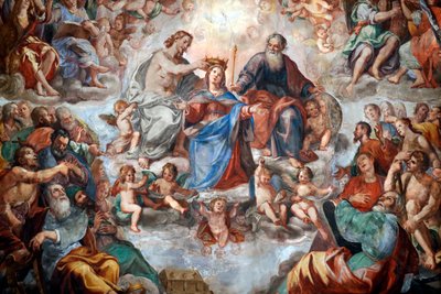 Die Krönung der Jungfrau. Fresko. San Donato Kirche. Genua. Italien. von . .
