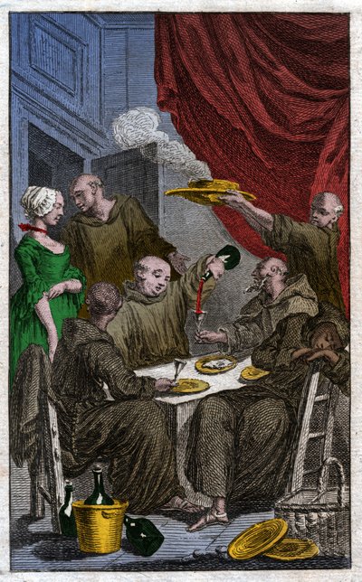 Das Fest der Mönche, die klösterliche Regeln verletzen. Sie trinken Wein, umwerben die Mägde (Gravur) von . .
