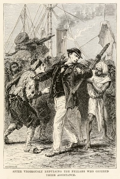 Nach dem energischen Zurückweisen der Fellachen, die ihre Hilfe anboten, aus In 80 Tagen um die Welt von Jules Verne, graviert von Henri-Théophile Hildebrand, 1873 von after Alphonse Marie de Neuville
