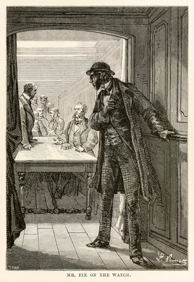 Mr. Fix auf der Wache, aus In 80 Tagen um die Welt von Jules Verne, graviert von Louis Dumont, 1873 von after Alphonse Marie de Neuville
