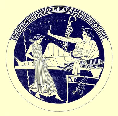 Tanzendes Mädchen und feiernder Jüngling, Illustration aus Griechische Vasenmalereien von J. E. Harrison und D. S. MacColl, veröffentlicht 1894 von after English School