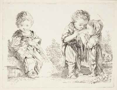 Kind auf einem Erdklumpen sitzend und Die kleinen Milchtrinker von after Francois Boucher
