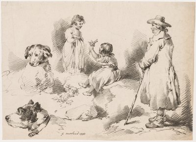 Studien von Kindern (zwei kleine Mädchen); zwei Hunde; ein Mann von after George Morland