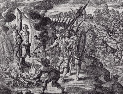 Die Rache der Spanier für den Tod von Ayolas, aus Gottfrieds Historia Antipodum, veröffentlicht 1655, aus Die Romanze des Rio de la Plata, Bd. I, von W. H. Koebel, 1914 von after German School