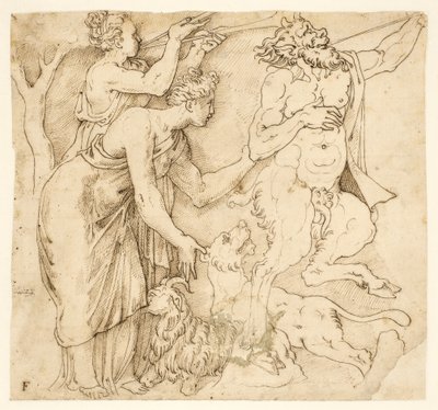 Ein Satyr, zwei Frauen, ein Löwe und eine Ziege von after Giulio Romano