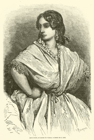 Junge Frau auf dem Markt von Valencia von Gustave after Dore