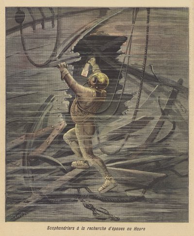 Taucher suchen ein Wrack in Le Havre von after Henri Meyer