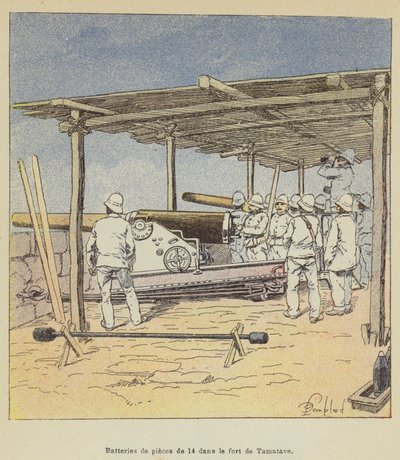 Batterien von 14-Pfündern im Fort von Tamatave von after Louis Charles Bombled