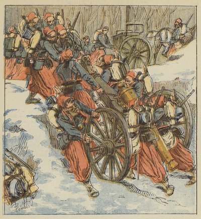 Kampf von Chilleurs-aux-Bois, Die Zouaven ziehen zwei 12-Pfünder aus einem Graben unter preußischem Feuer von after Louis Charles Bombled