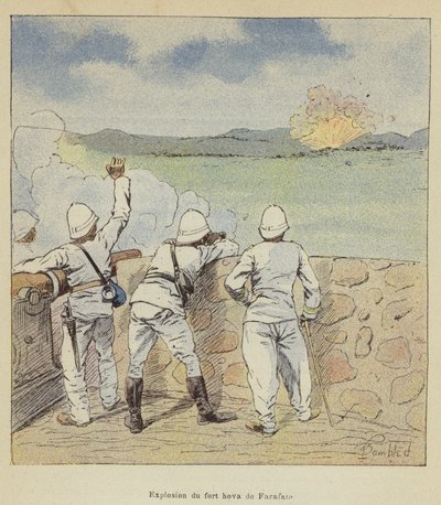 Explosion des Hova-Forts von Farafate von after Louis Charles Bombled