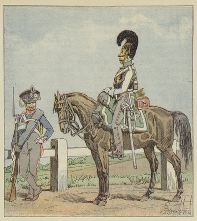 Preußische Linieninfanterie (42. Regiment) und preußischer Kürassier (1806) von after Louis Charles Bombled
