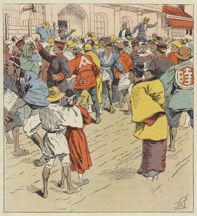 Die Menge wartet vor dem Figi-Humpo auf Kriegsnachrichten von after Louis Charles Bombled
