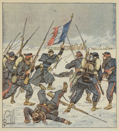 Hauptmann Couturie von den Mobiles der Sarthe stürmt mit der Fahne in der Hand den Angriff auf Le Mée von after Louis Charles Bombled