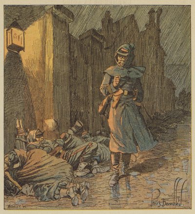 Oberst de Bourgoing durchquert die Straßen von Cerdon, wo seine Soldaten im Regen schlafen von after Louis Charles Bombled