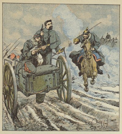 Der Wachtmeister Dufresne verteidigt sich mit einem Revolver gegen preußische Kavalleristen von after Louis Charles Bombled