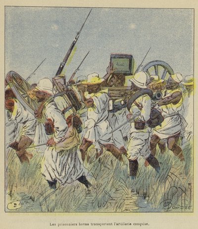 Die gefangenen Hova transportieren die eroberte Artillerie von after Louis Charles Bombled