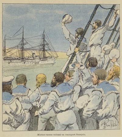 Russische Matrosen grüßen ein französisches Transportschiff von after Louis Charles Bombled