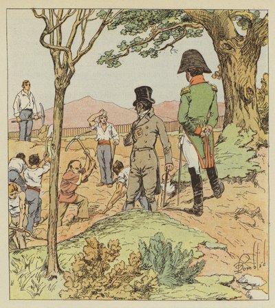Napoleon untersucht die Befestigungen, die der Gouverneur um Longwood errichten lässt von after Louis Charles Bombled