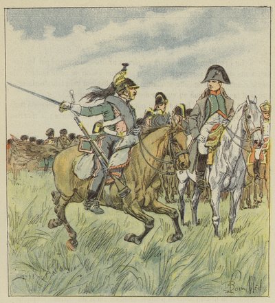 Ein Dragoner warnt den Kaiser vor dem Verrat eines seiner Generäle von after Louis Charles Bombled