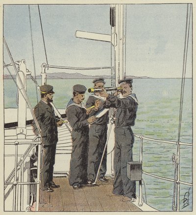 Japanische Wachen beobachten die Flotte von Port-Arthur von after Louis Charles Bombled