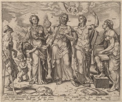 Mann unterstützt von Glaube, Hoffnung und Liebe von after Maerten van Heemskerck